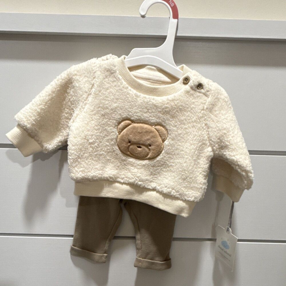 Cloud Island Newborn Bear Sweater & Pants Set Ivory Beige Knit Cotton 2 Piece